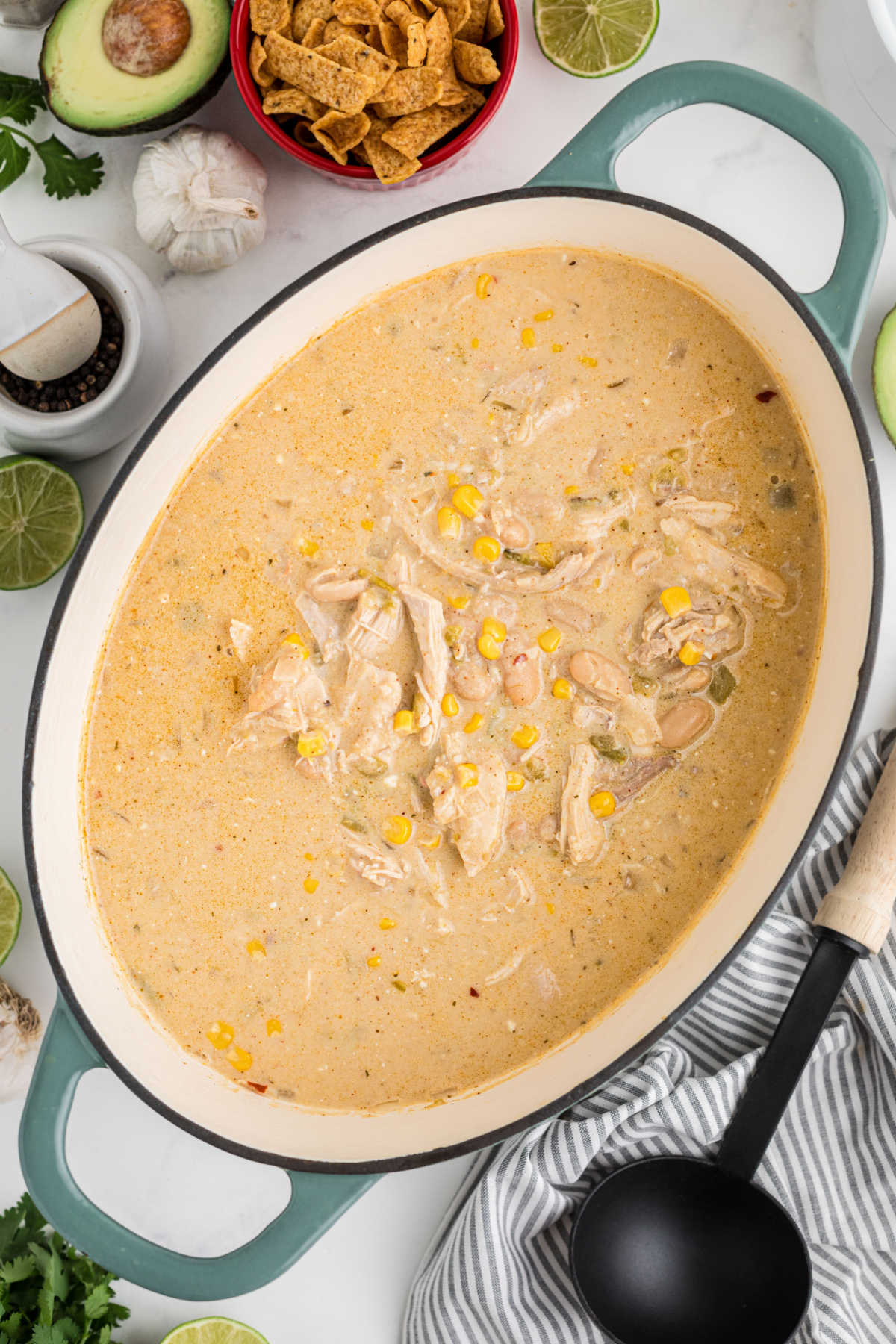 Overhead shot of a pot of easy white chicken chili with cream cheese.