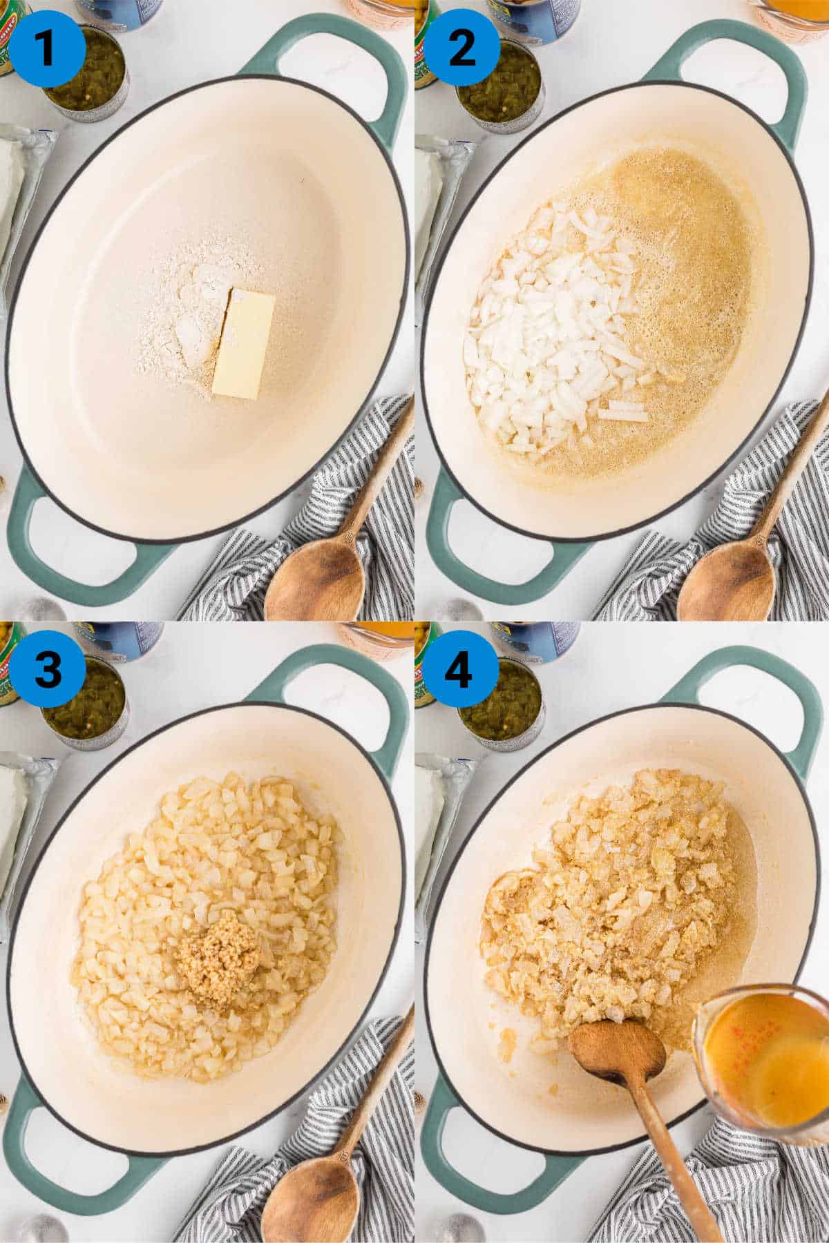 A collage of four images showing how to make an easy white chicken chili, recipe steps 1-4.