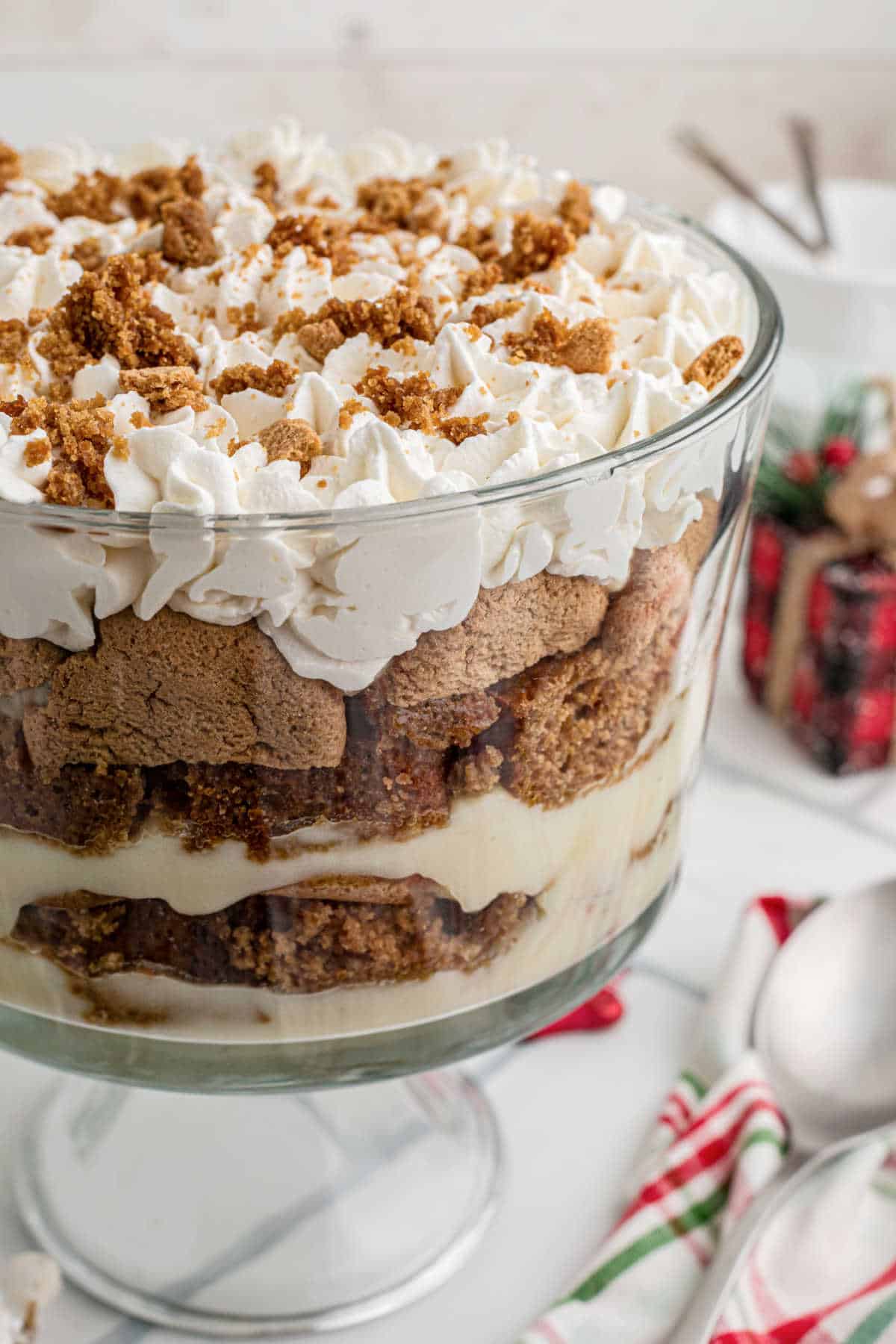 Close up side shot of a gingerbread trifle.