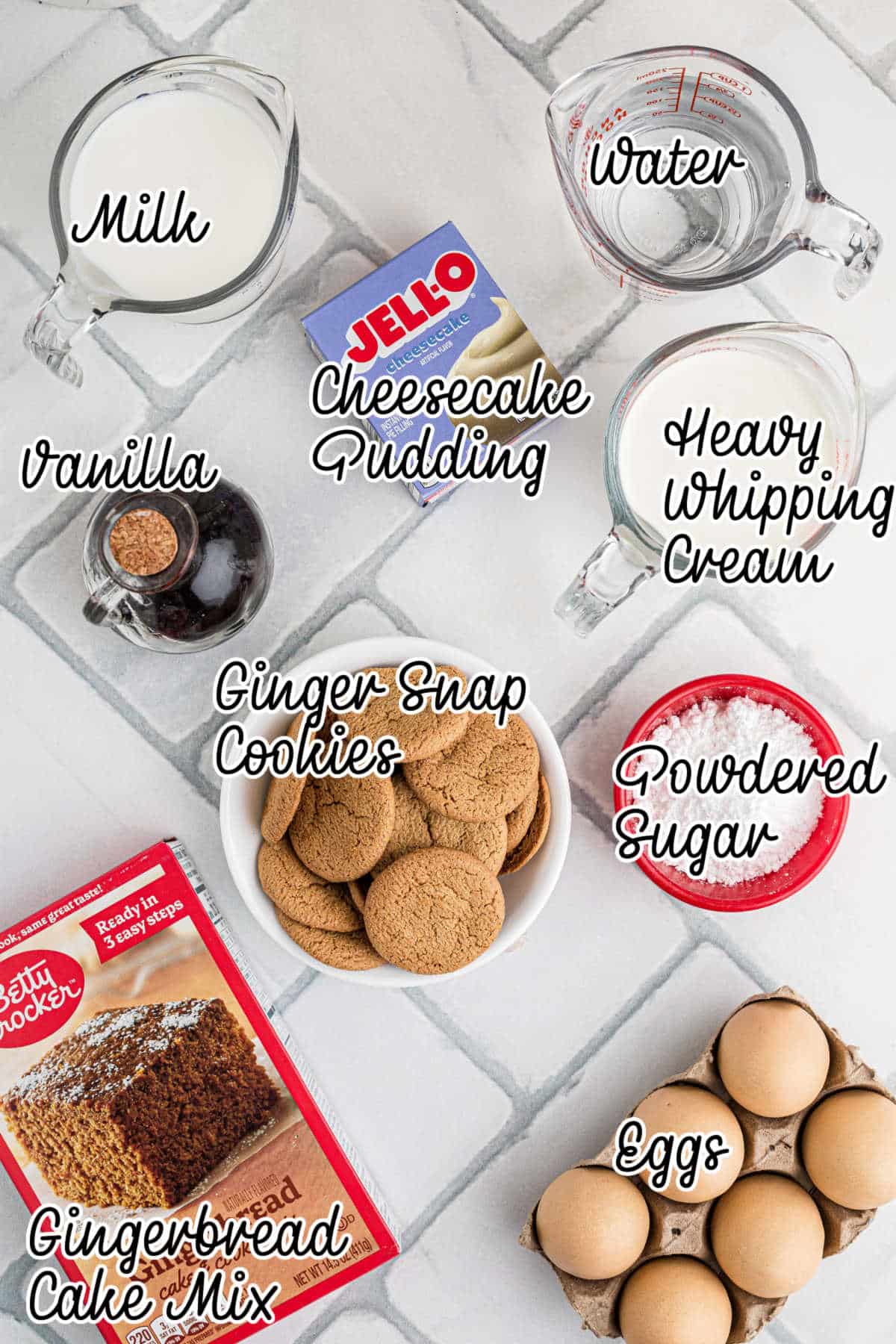 Ingredients needed for a gingerbread trifle, with text overlay.