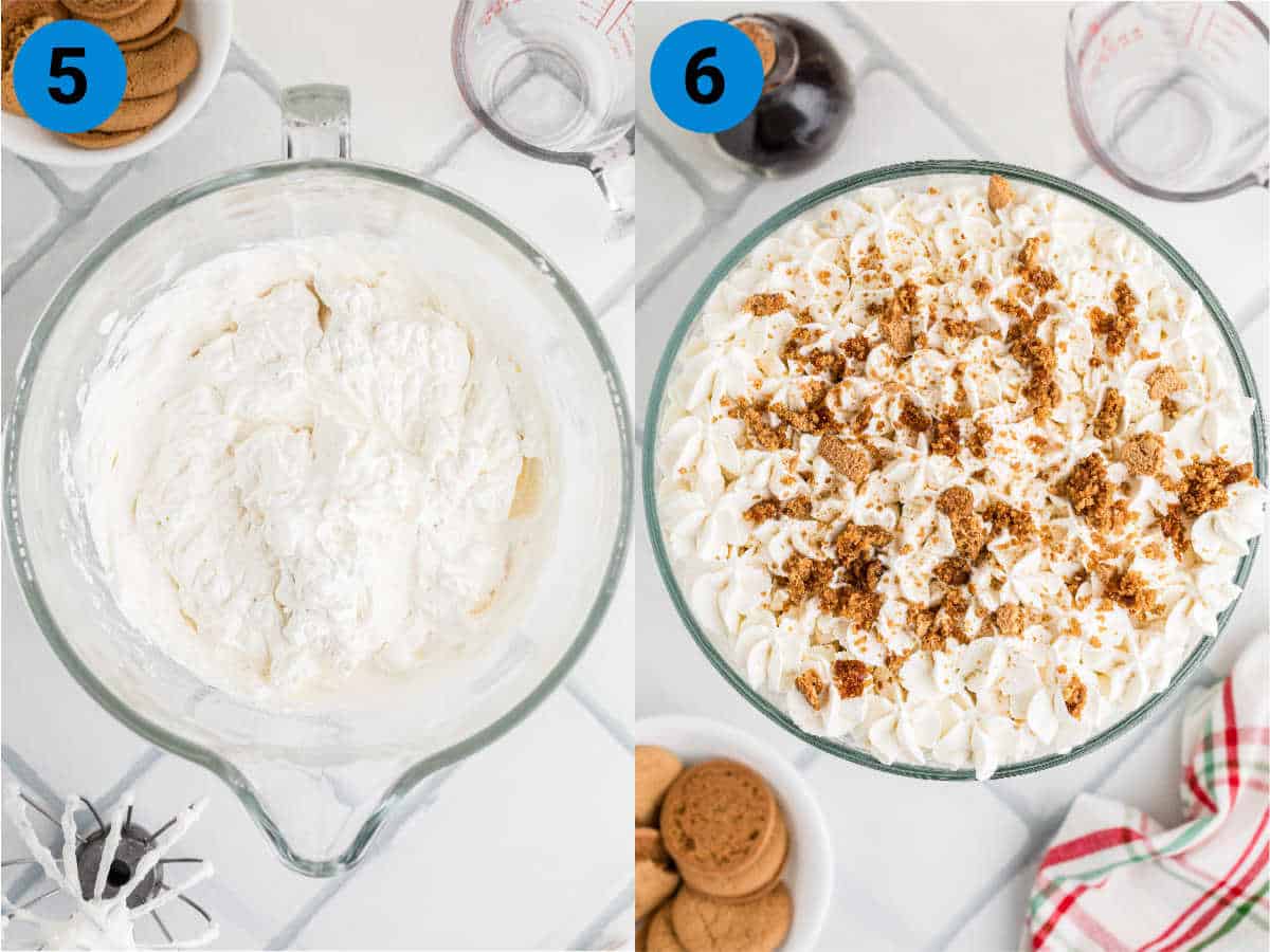 A collage of two images showing how to make a gingerbread trifle, recipe steps 5-6.