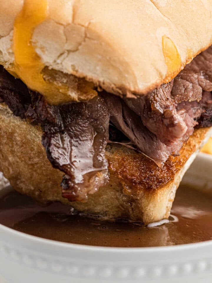 Close up shot of a leftover prime rib French dip.