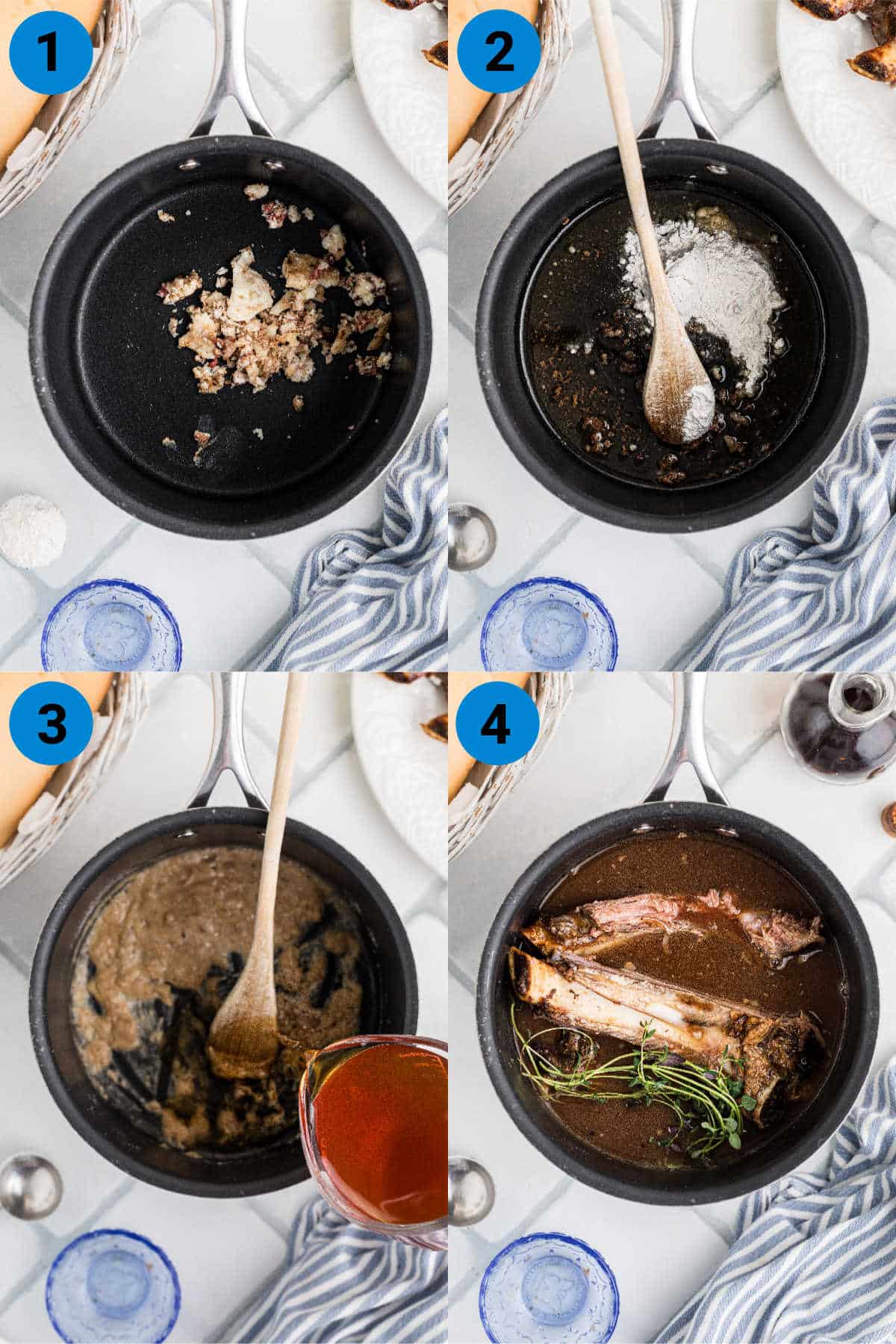 A collage of four images showing how to make a leftover prime rib French dip.