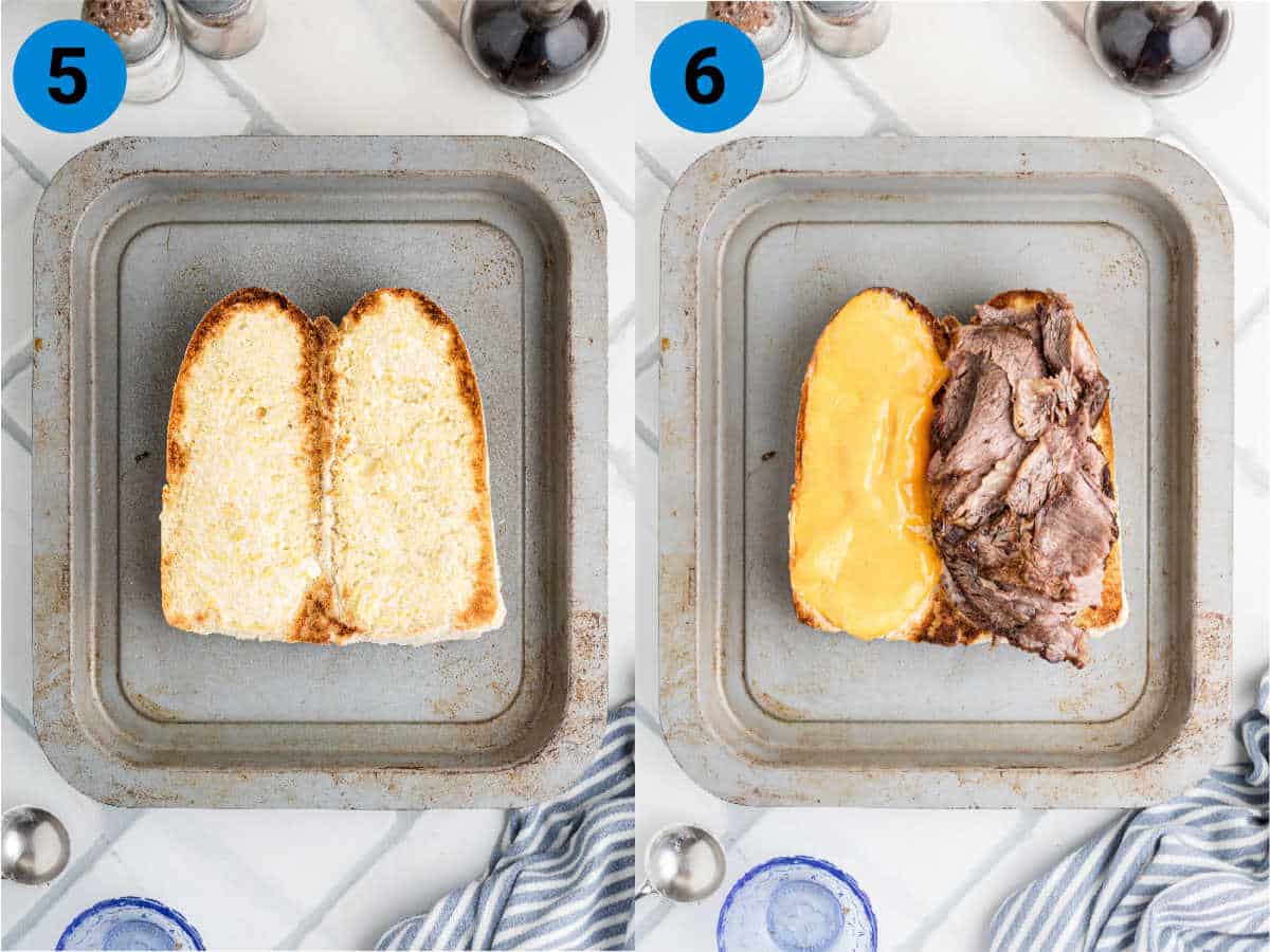 A collage of two images showing how to make a leftover prime rib French dip.