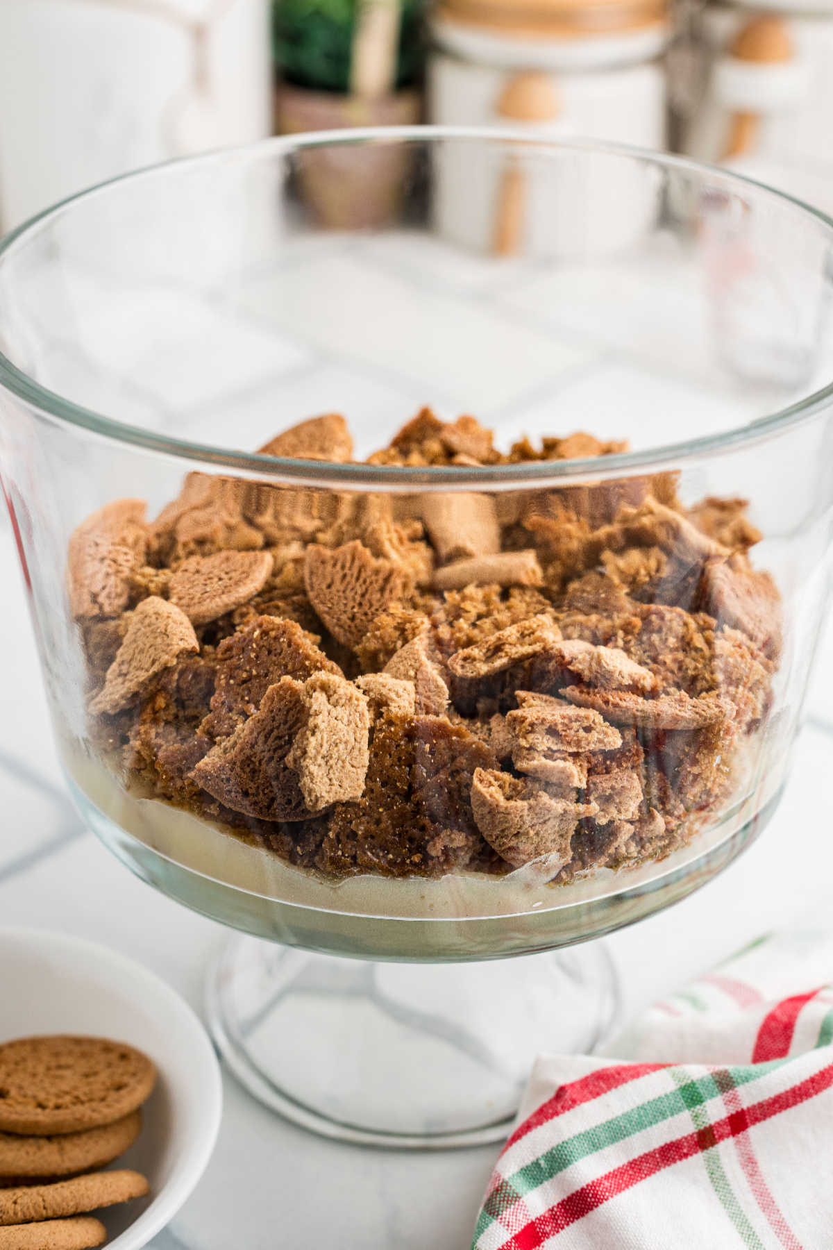 Pudding in a layer topped with gingerbread cake and cookies.