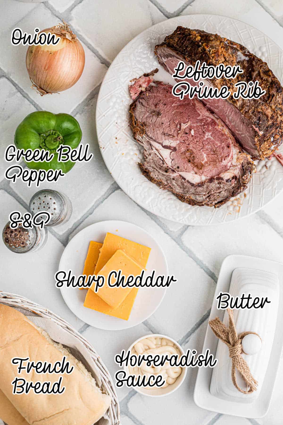 Overhead shot of ingredients needed for a prime rib sandwich.