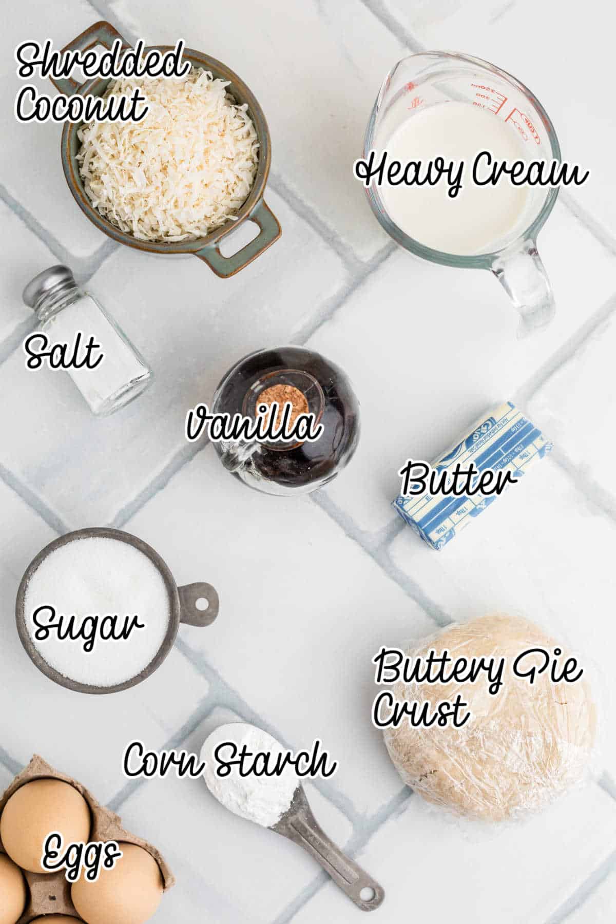 Ingredients needed to make an old fashioned coconut pie.