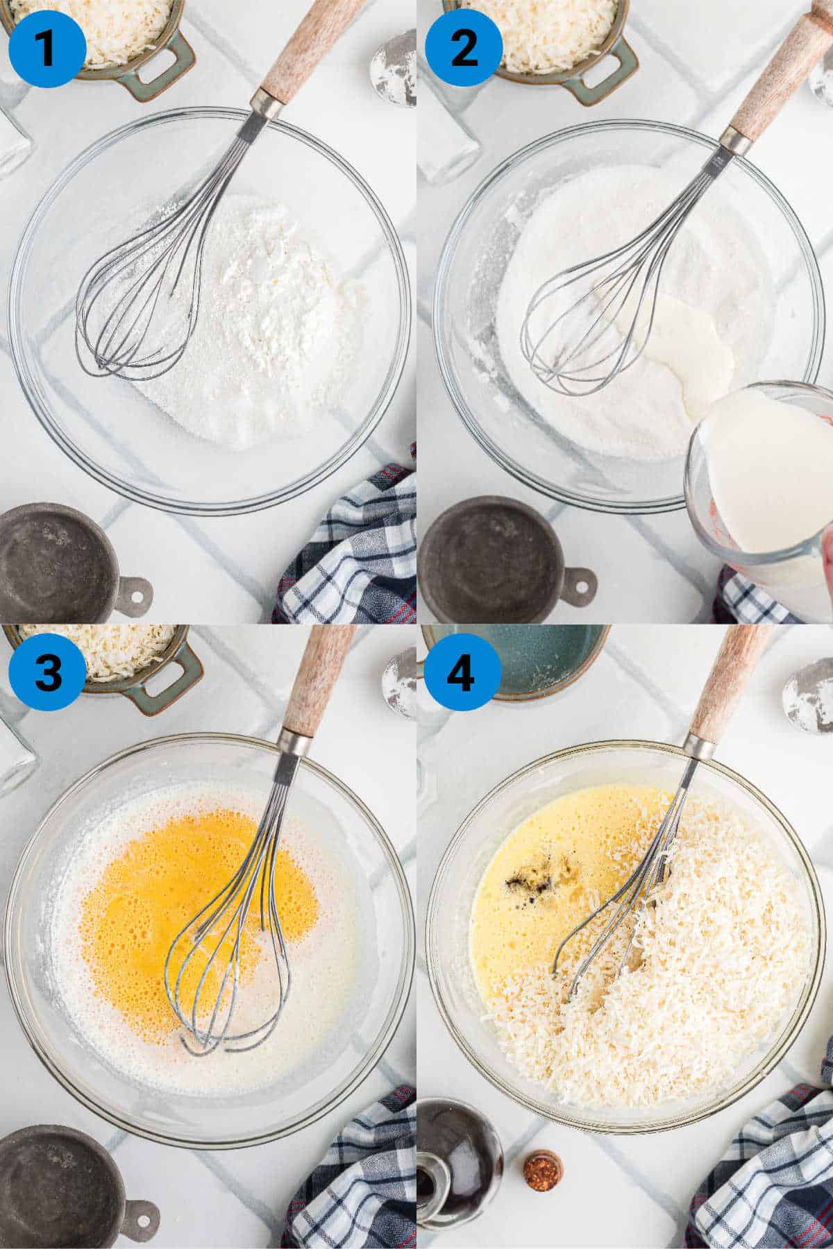 A collage of four images showing how to make a coconut pie.