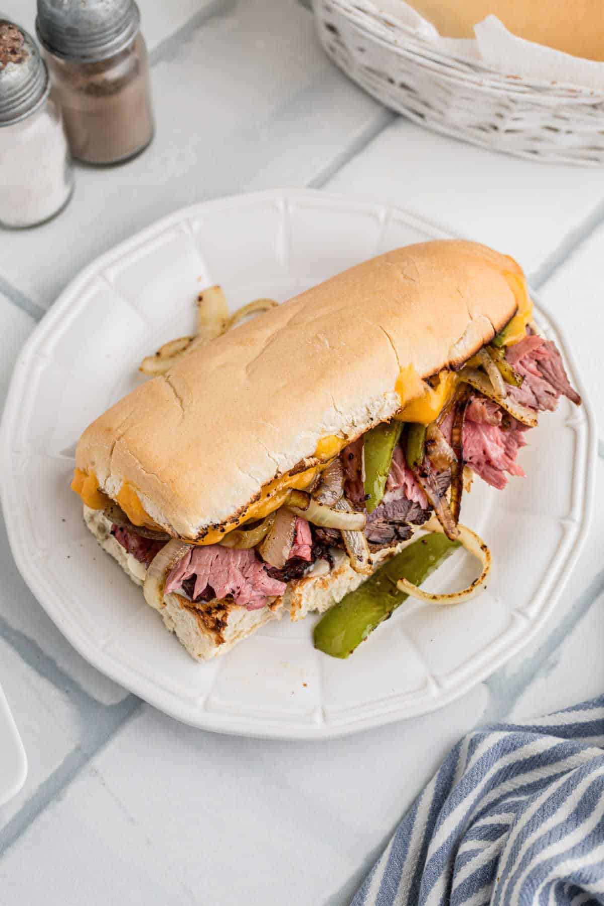 Overhead shot of a prime rib sandwich.