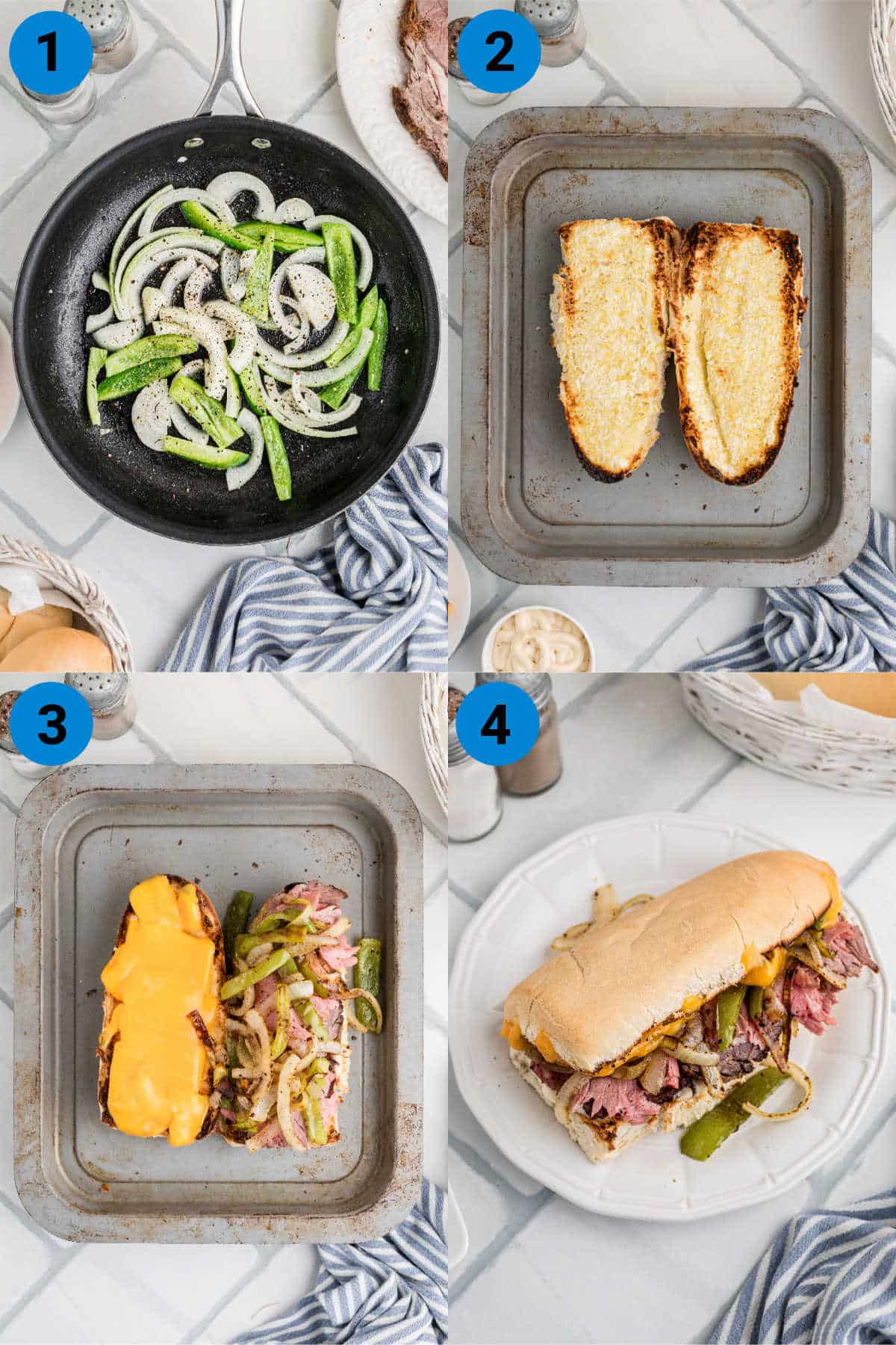 A collage of four images showing how to make a leftover Prime Rib Sandwich.