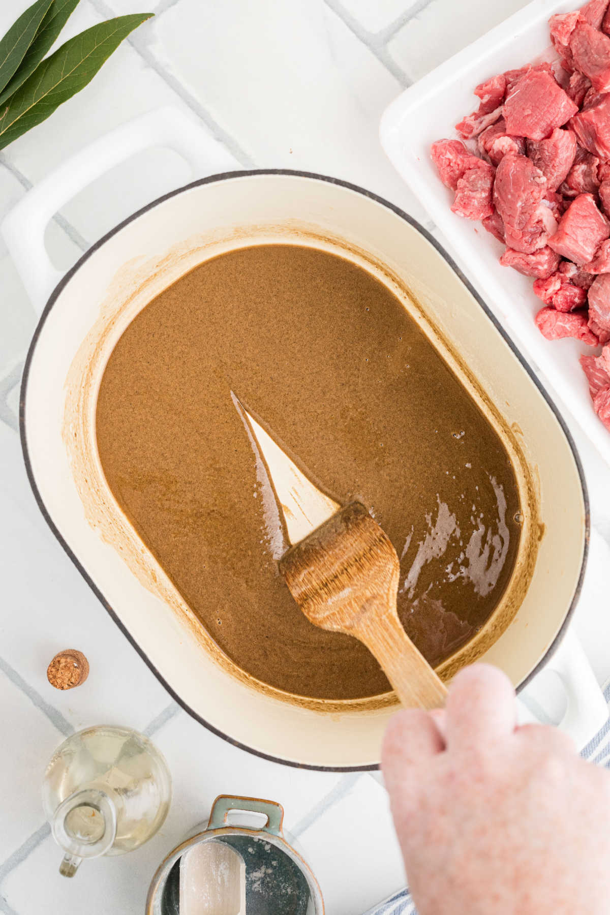 Flour and oil cooking to a dark brown.