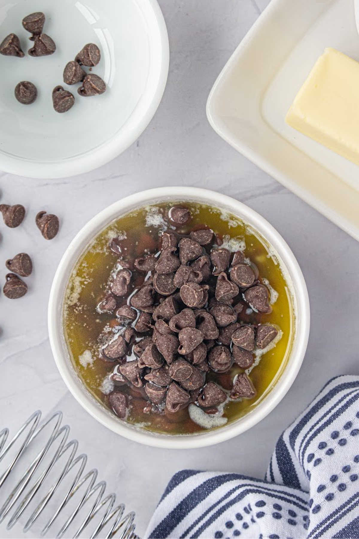 Chocolate chips and butter about to be melted.