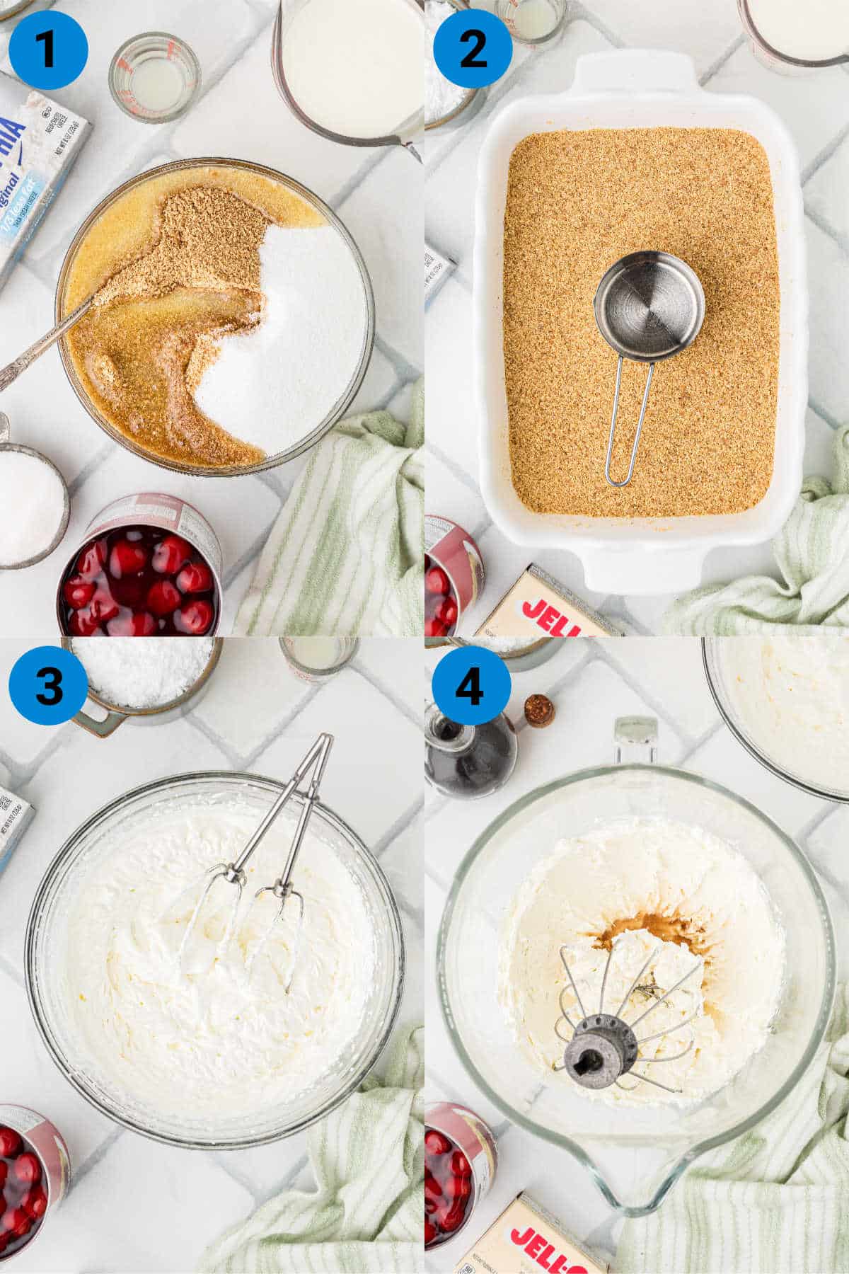 A collage of four images showing how to make an old fashioned cherry delight, recipe steps 1-4.