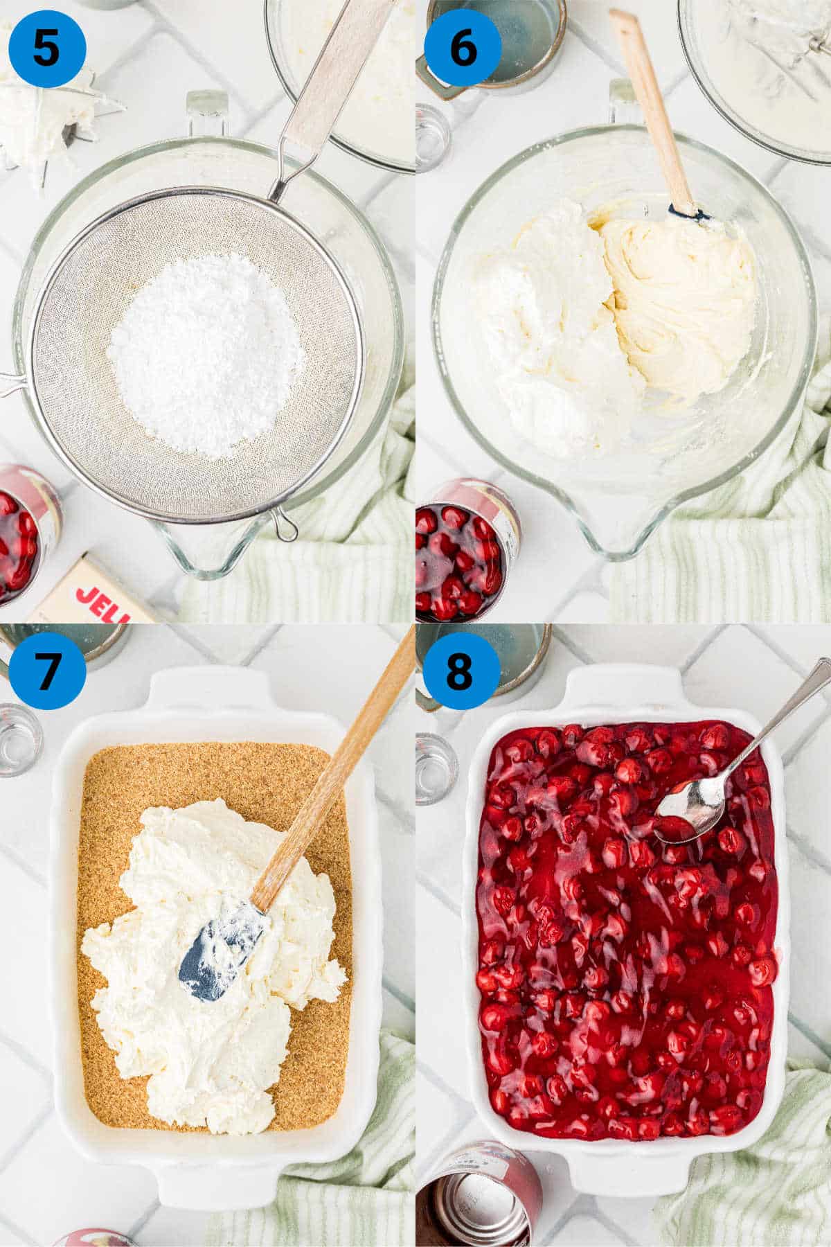 A collage of four images showing how to make an old fashioned cherry delight, recipe steps 5-8.