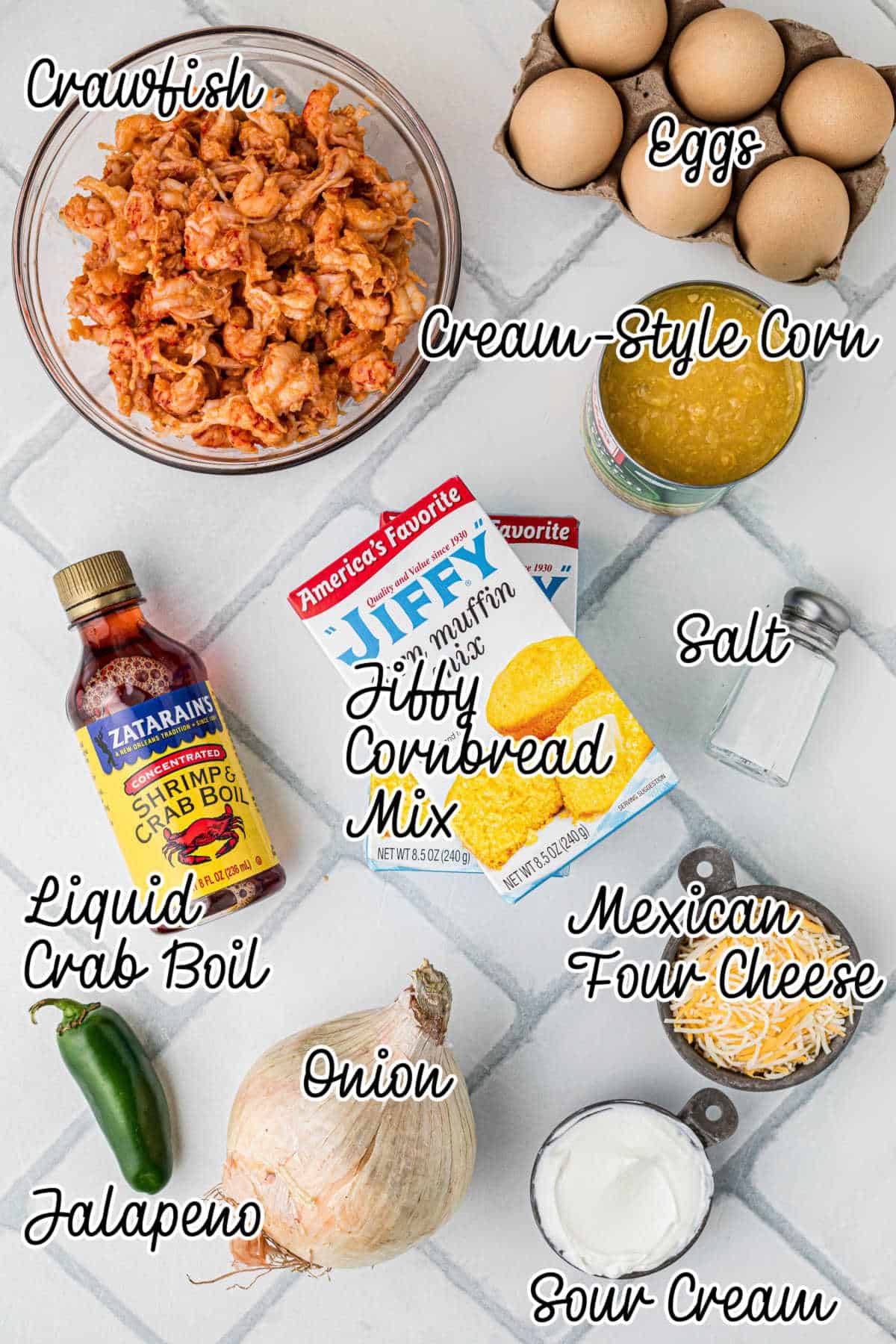 Ingredients to make crawfish cornbread muffins, with text overlay.