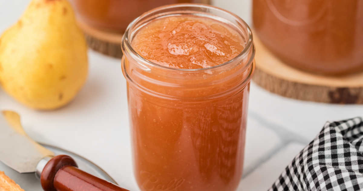 Close up of a jar of pear honey.