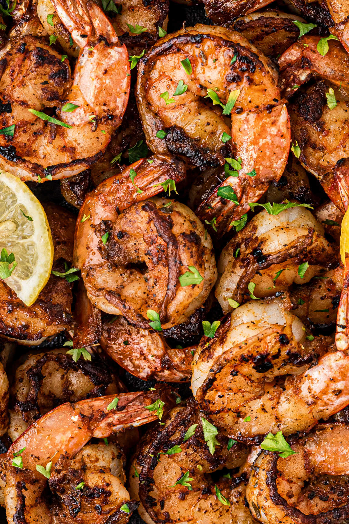 Very close up look at some blackened shrimp.