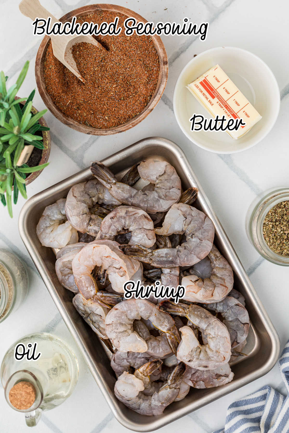 Overhead shot of some ingredients that would be needed to make a Cajun Blackened Shrimp Recipe.