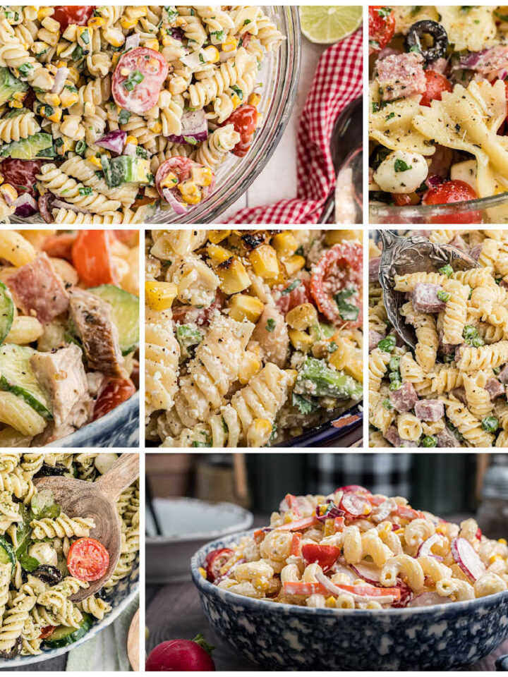 A collage of 7 pasta salad dishes.