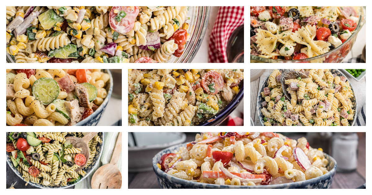 A wide angled collage of 7 pictures of Pasta Salad dishes.
