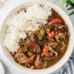 An overhead close up image of a bowl full of crawfish gumbo and rice.