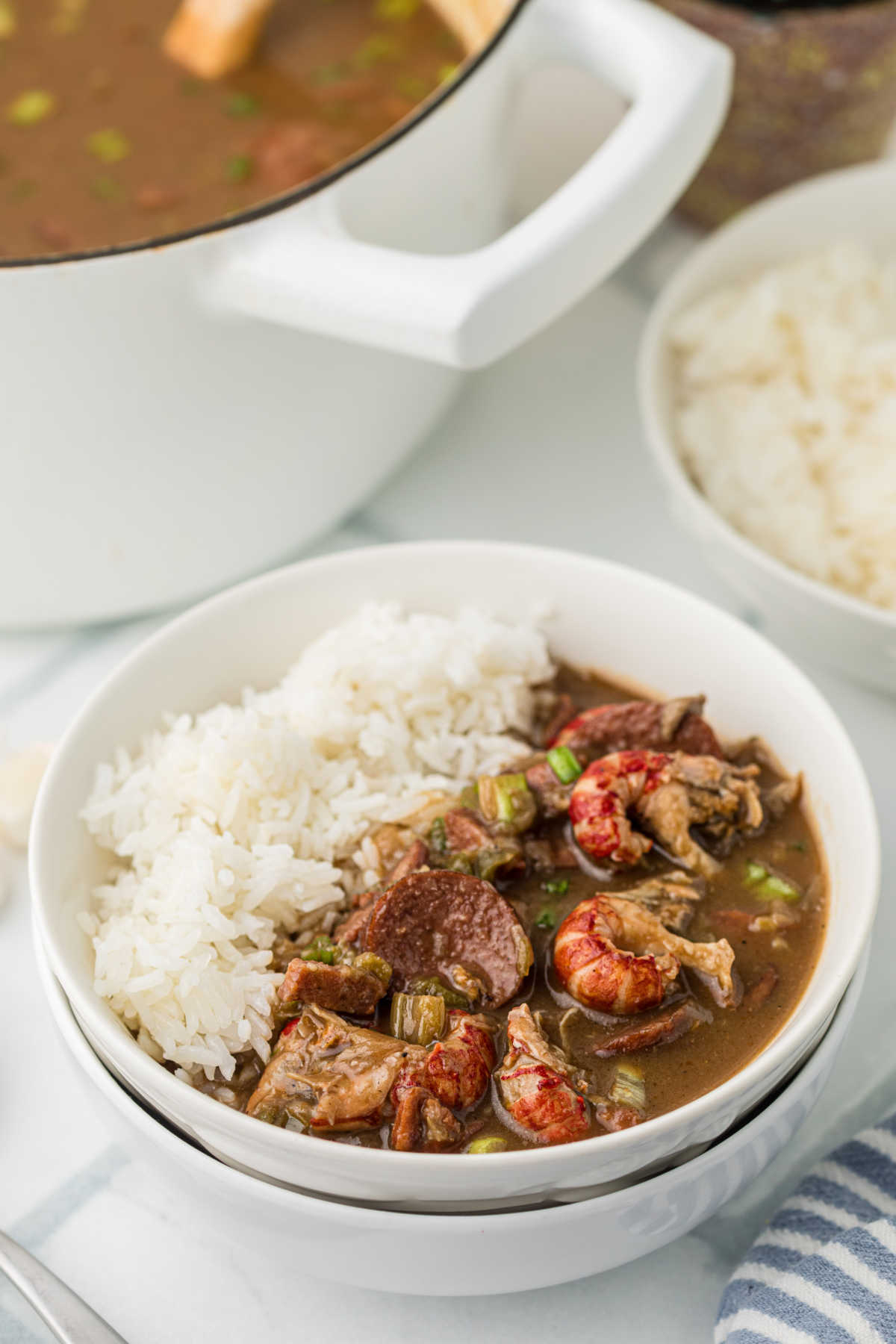 A bowl of crawfish gumbo an rice, with the pot sitting behind.
