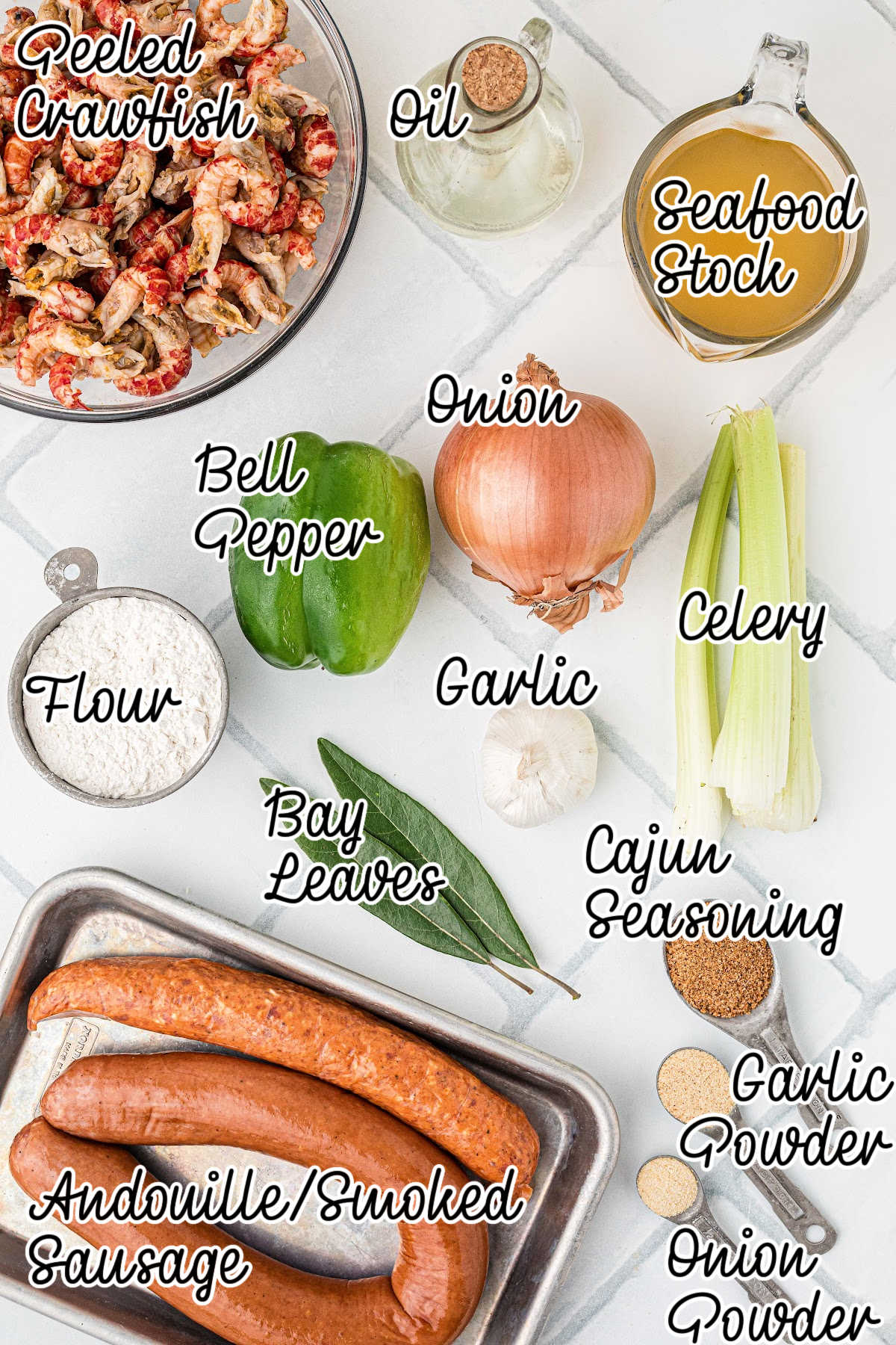 Ingredients laid out, what is needed for a Crawfish Gumbo. There's text overlay describing the ingredients.