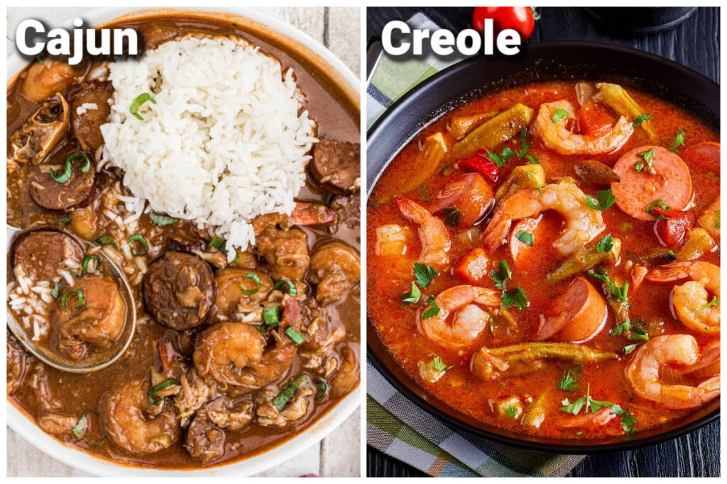 Comparison of a dark Cajun gumbo and tomato-based Creole seafood gumbo.