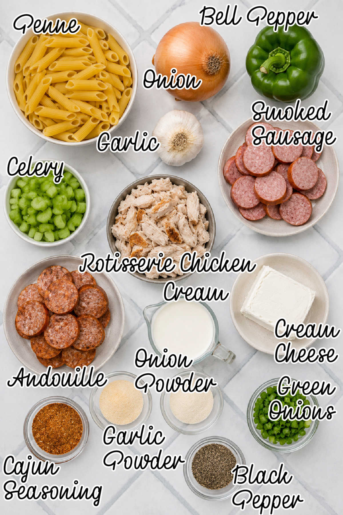 Ingredients laid out, showing what is needed to make a Cajun chicken and sausage pasta. There's text overlay describing each ingredient.