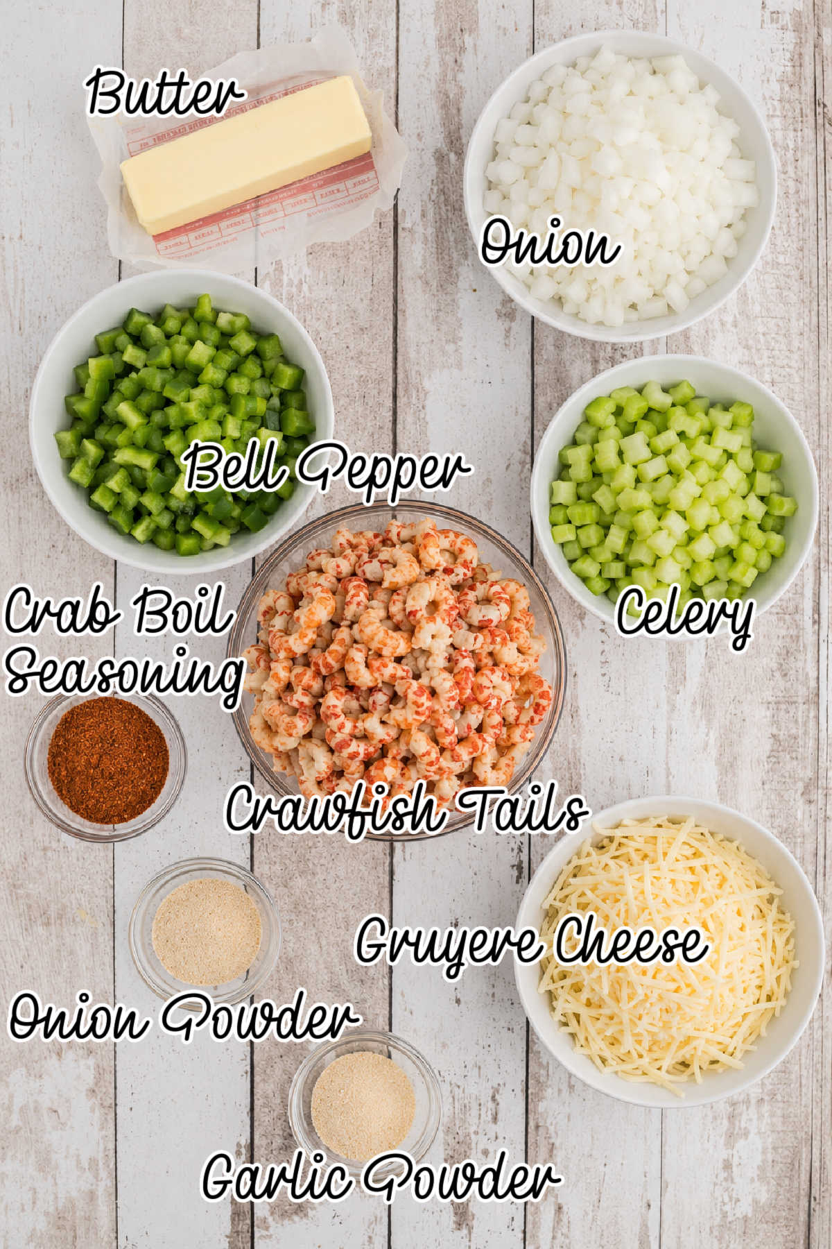 Ingredients needed to make a crawfish omelette, overhead with text overlay.