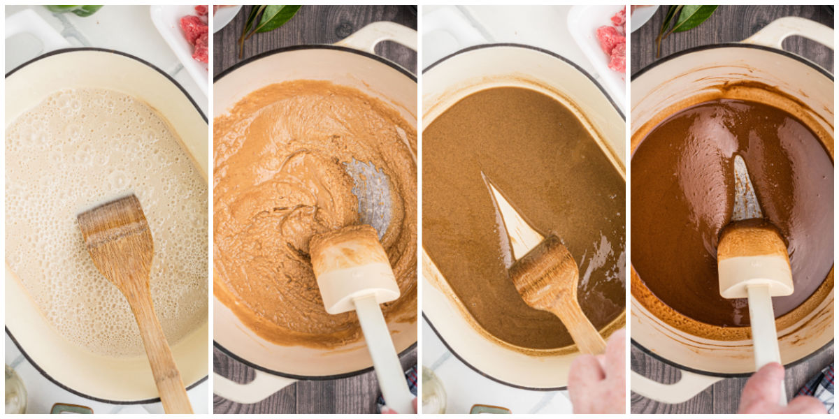 Four stages of Louisiana roux from blond to dark chocolate color.