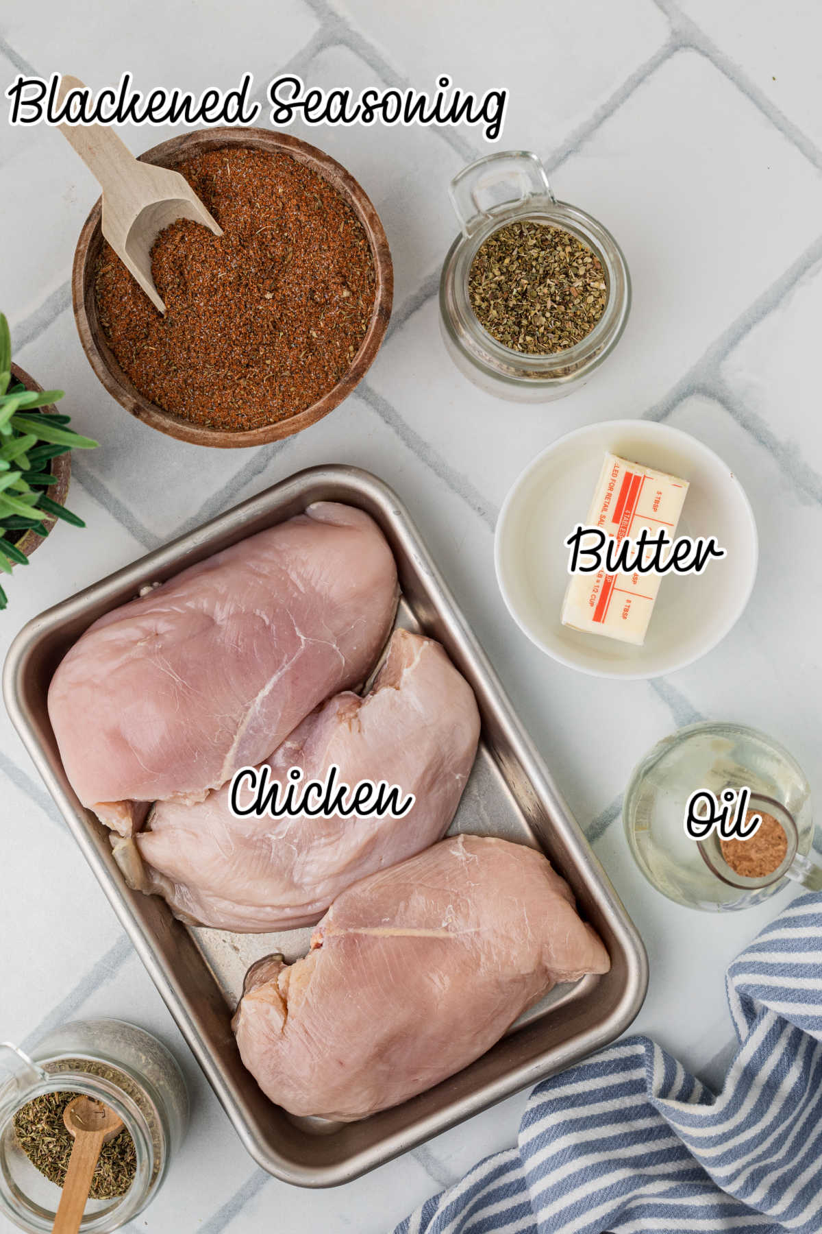 Overhead shot of the ingredients needed to make blackened chicken, with text overlay.
