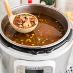A ladle of gumbo being lifted out of an Instant Pot.