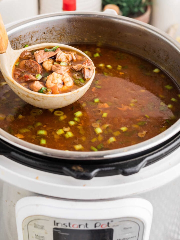 A ladle of gumbo being lifted out of an Instant Pot.