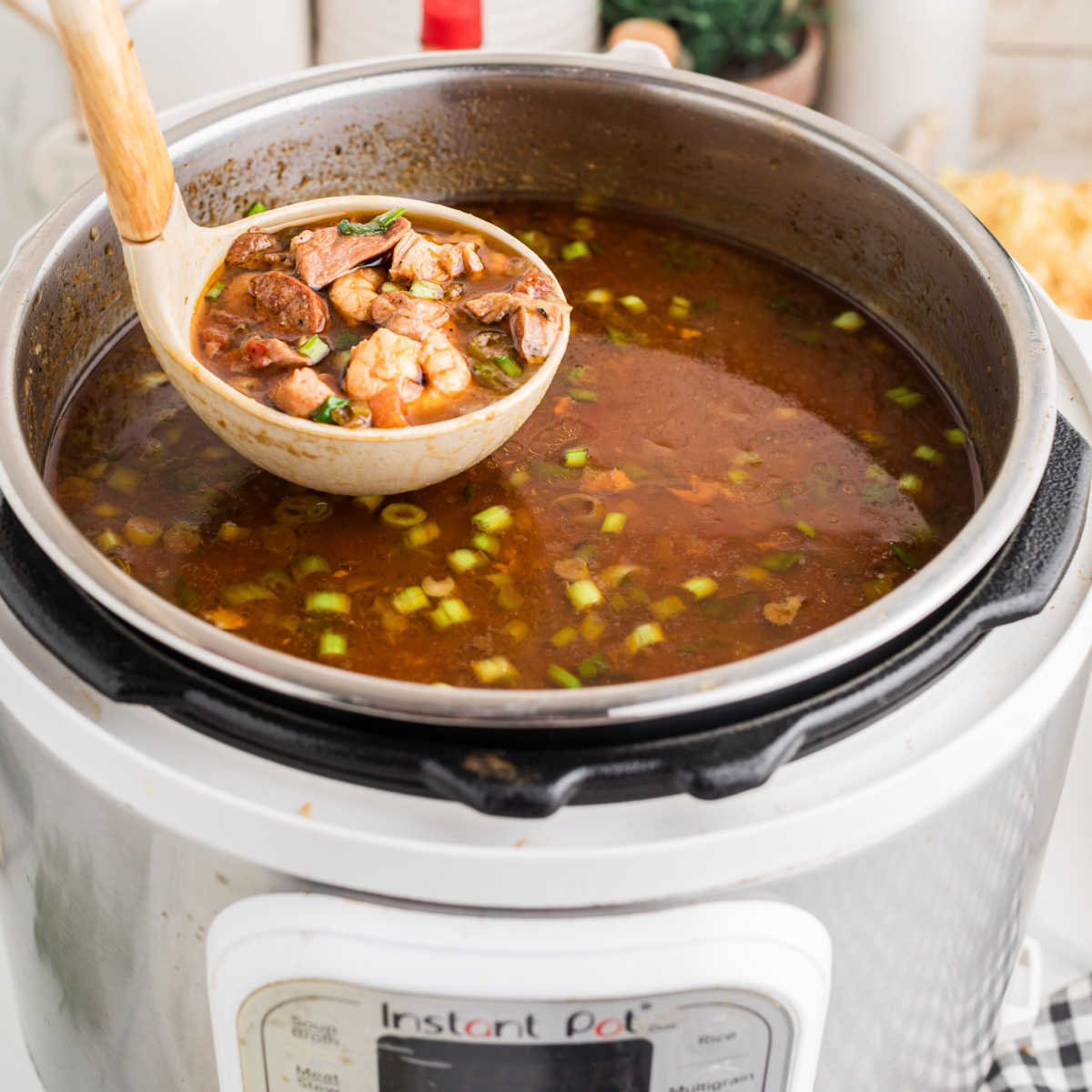 A ladle of gumbo being lifted out of an Instant Pot.
